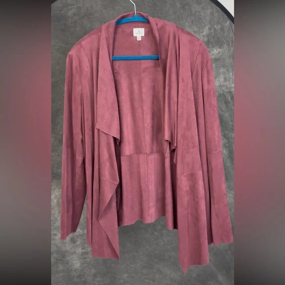 Dressbarn 1X Burgundy Faux Suede Drape Jacket Cardigan | Zipper Pockets - Picture 3 of 8